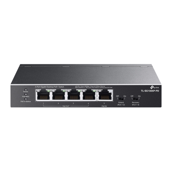 Switch esclavo alimentando desde otro dispositivo POE (no incluido) Gigabit sobremesa no gestionable 5 puertos 1 puerto PoE++ de entrada y 4 puertos PoE+ de salida